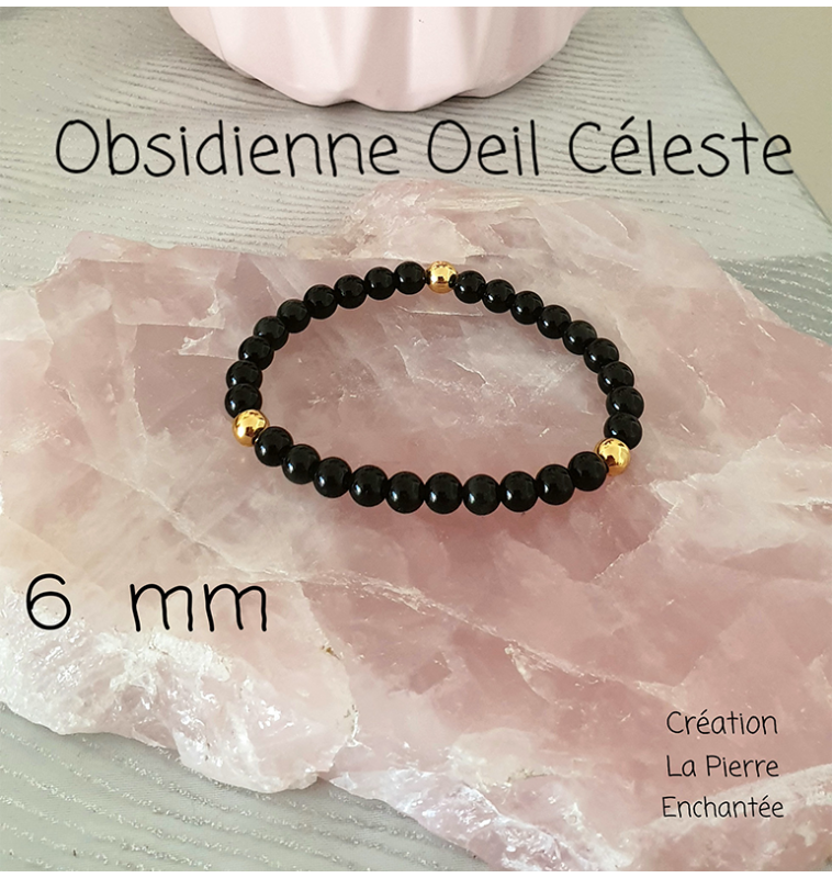 Bracelet Obsidienne Œil Céleste 6mm - 17 Cm, Bijou Arabesk Neuf Avec Écrin