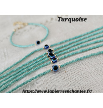 Bracelet en Turquoise et Œil porte bonheur .