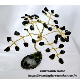 Arbre de vie en Tourmaline Noire sur tranche d'Agate.