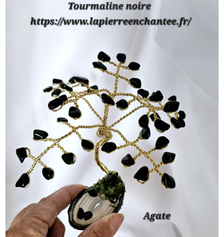 Arbre de vie en Tourmaline Noire sur tranche d'Agate.