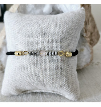 Bracelet ajustable en Hématite et Quartz rose.