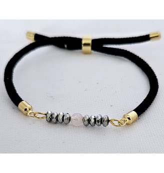 Bracelet ajustable en Hématite et Quartz rose.