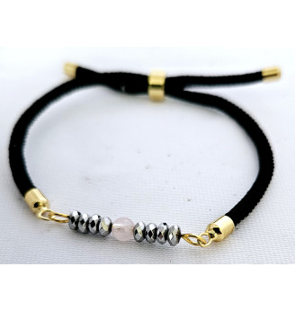 Bracelet ajustable en Hématite et Quartz rose.