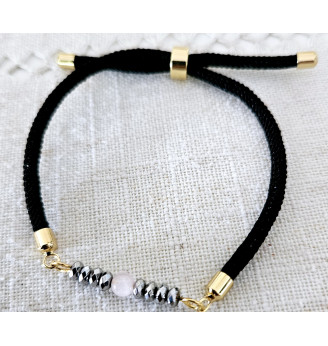 Bracelet ajustable en Hématite et Quartz rose.