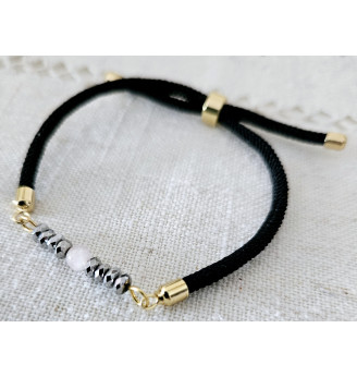 Bracelet ajustable en Hématite et Quartz rose.