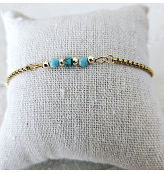 Bracelet chaîne dorée ajustable et perles en Turquoise.