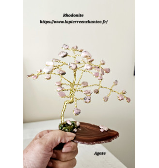 Arbre de vie en Rhodonite sur tranche d'Agate.