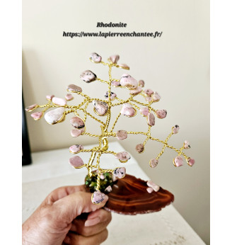Arbre de vie en Rhodonite sur tranche d'Agate.