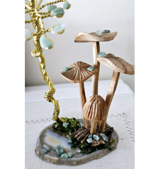 Arbre de vie  Aventurine et ses champignons en bois de Manguier.