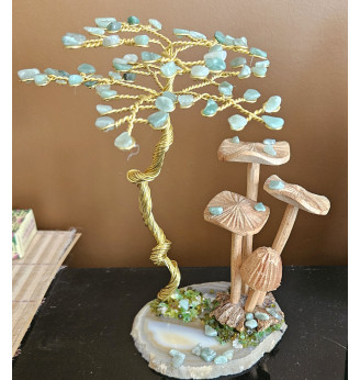 Arbre de vie  Aventurine et ses champignons en bois de Manguier.