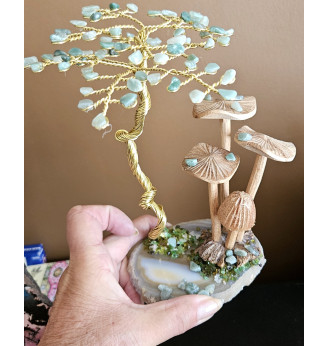 Arbre de vie  Aventurine et ses champignons en bois de Manguier.