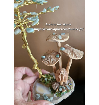 Arbre de vie  Aventurine et ses champignons en bois de Manguier.