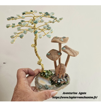 Arbre de vie en Aventurine et ses champignons en bois de Manguier.