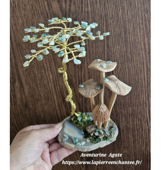 Arbre de vie en Aventurine et ses champignons en bois de Manguier.