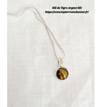Pendentif Œil de Tigre serti Argent 925 massif.