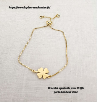 Bracelet ajustable, toutes tailles avec Trèfle porte-bonheur doré.