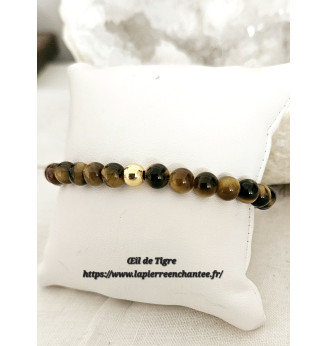 Bracelet en Œil de Tigre, perles rondes 6 mm , finitions dorées.