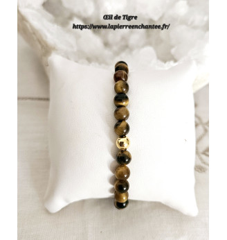 Bracelet en Œil de Tigre, perles rondes 6 mm , finitions dorées.