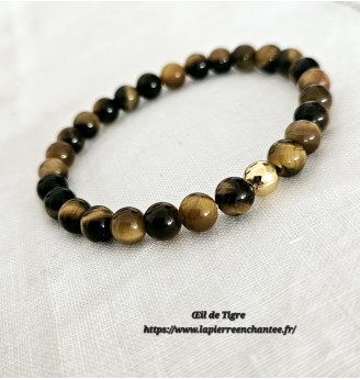 Bracelet en Œil de Tigre, perles rondes 6 mm , finitions dorées.