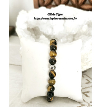 Bracelet en Œil de Tigre, perles rondes 8 mm , finitions argentées.