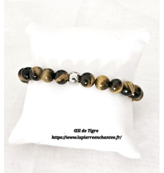 Bracelet en Œil de Tigre, perles rondes 8 mm , finitions argentées.