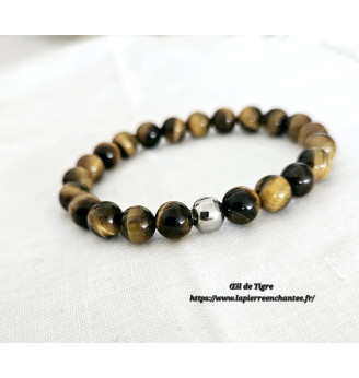 Bracelet en Œil de Tigre, perles rondes 8 mm , finitions argentées.