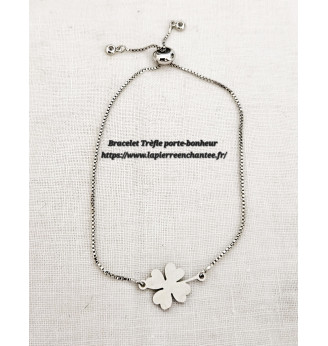 Bracelet ajustable, toutes tailles, Trèfle porte-bonheur argenté.