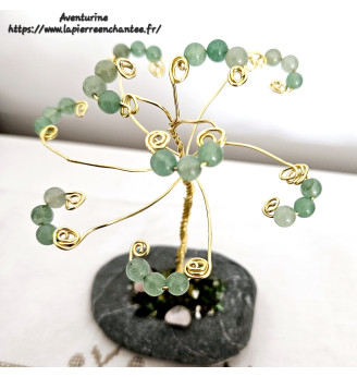 Arbre de vie, perles rondes en Aventurine , sur galet naturel.