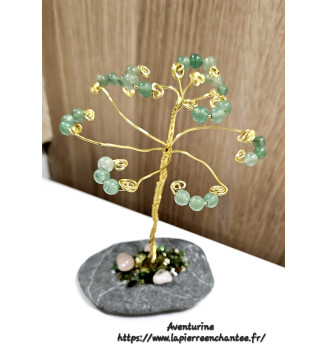 Arbre de vie, perles rondes en Aventurine , sur galet naturel.