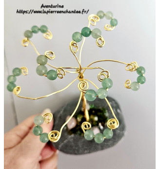 Arbre de vie, perles rondes en Aventurine , sur galet naturel.