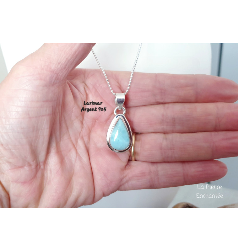 Pendentif Larimar Plaqué Argent 925 – Pierre Bleue – Bijoux Minéraux – Neuf Sans Boîte
