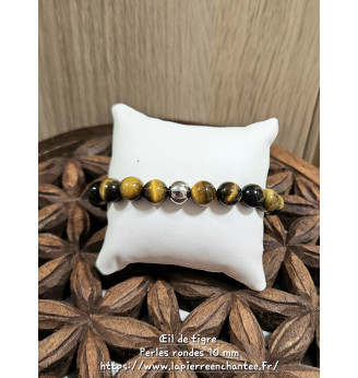 Bracelet homme en Œil de Tigre, perles rondes 10 mm .