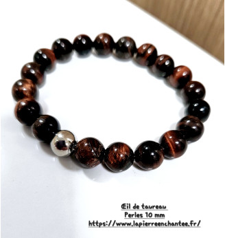 Bracelet homme en Œil de Taureau, perles rondes 10 mm .