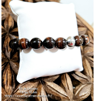 Bracelet homme en Œil de Taureau, perles rondes 10 mm .