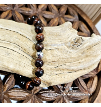 Bracelet homme en Œil de Taureau, perles rondes 10 mm .