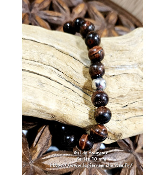 Bracelet homme en Œil de Taureau, perles rondes 10 mm .