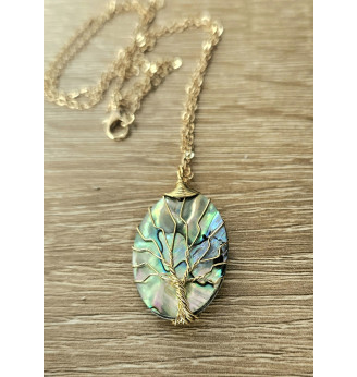 Pendentif en Nacre Abalone, Arbre de vie doré.