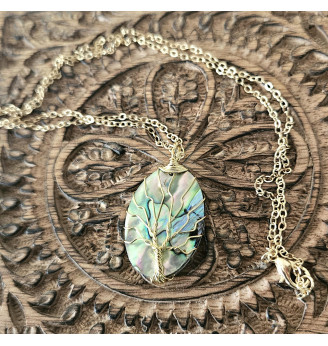 Pendentif en Nacre Abalone, Arbre de vie doré.