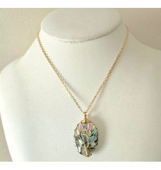Pendentif en Nacre Abalone, Arbre de vie doré.