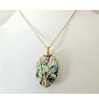 Pendentif en Nacre Abalone, Arbre de vie doré.