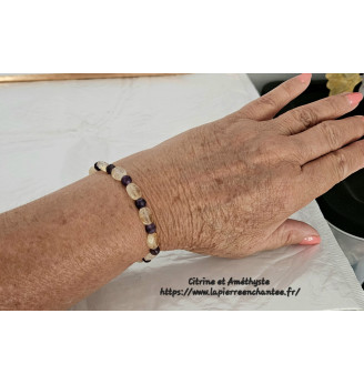 Bracelet en Citrine et Améthyste, bijou bien-être aux finitions dorées.