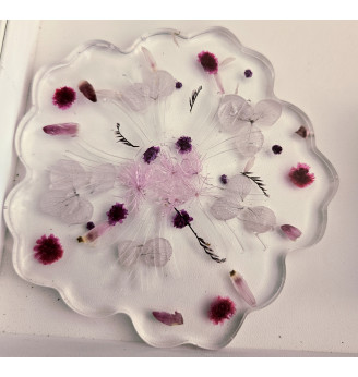 Ensemble porte-clés et dessous de bougie en résine – Fleurs séchées roses