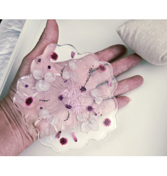 Ensemble porte-clés et dessous de bougie en résine – Fleurs séchées roses