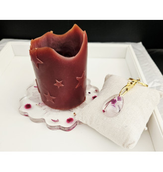Ensemble porte-clés et dessous de bougie en résine – Fleurs séchées roses