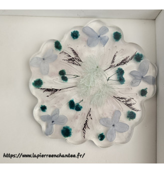 🌿 Ensemble porte-clés et dessous de bougie en résine cristal – Fleurs séchées bleu/vert