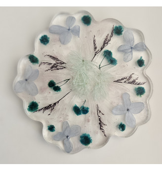 🌿 Ensemble porte-clés et dessous de bougie en résine cristal – Fleurs séchées bleu/vert
