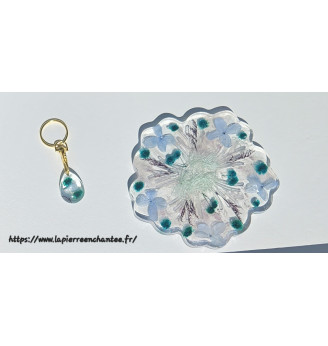🌿 Ensemble porte-clés et dessous de bougie en résine cristal – Fleurs séchées bleu/vert