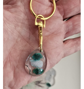🌿 Ensemble porte-clés et dessous de bougie en résine cristal – Fleurs séchées bleu/vert