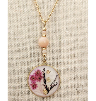 Pendentif en Résine et Fleurs Naturelles – Opale Rose des Andes