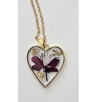 Pendentif  en résine cristal, coeur et fleurs séchées rouges